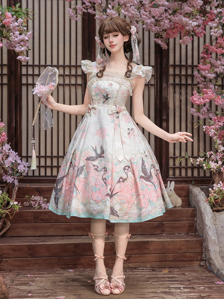 Swallow Kite and Peach Blossom Print Pink Chinoiserie Lolita Dress - Dream Magic Box