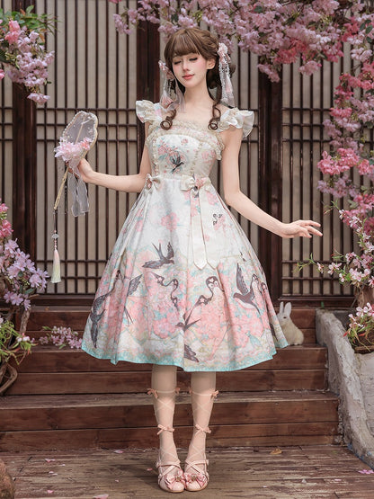 Swallow Kite and Peach Blossom Print Pink Chinoiserie Lolita Dress - Dream Magic Box