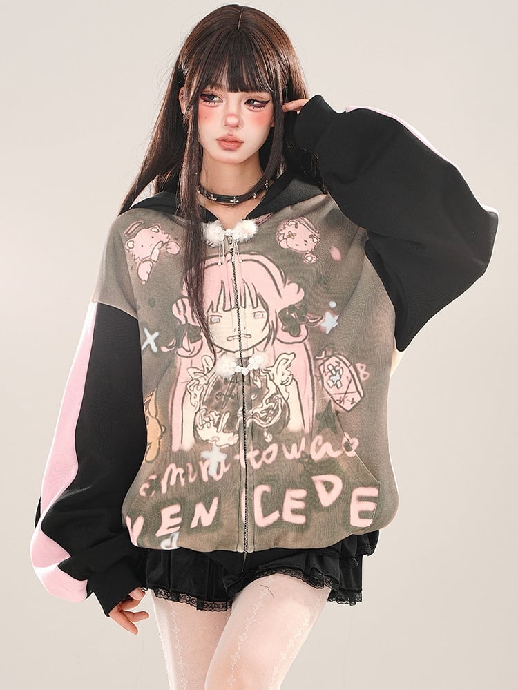Black Cartoon Girl Colorblock Sleeves Zip Hoodie