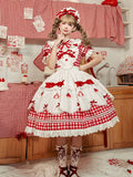 Lolita with Sleeves White Red Puff Dress Gingham Sweet Strawberry Print