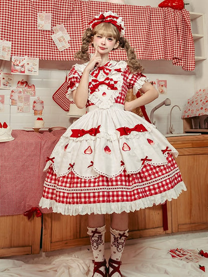 Lolita with Sleeves White Red Puff Dress Gingham Sweet Strawberry Print