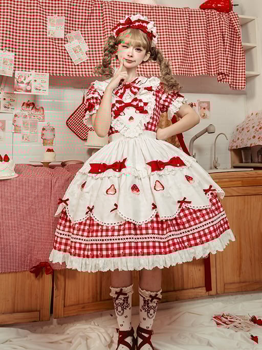 Lolita with Sleeves White Red Puff Dress Gingham Sweet Strawberry Print
