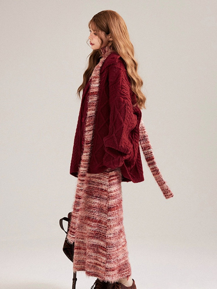 Hem Slip Dress Fringe Pink Striped Red Matching with Scarf Knit