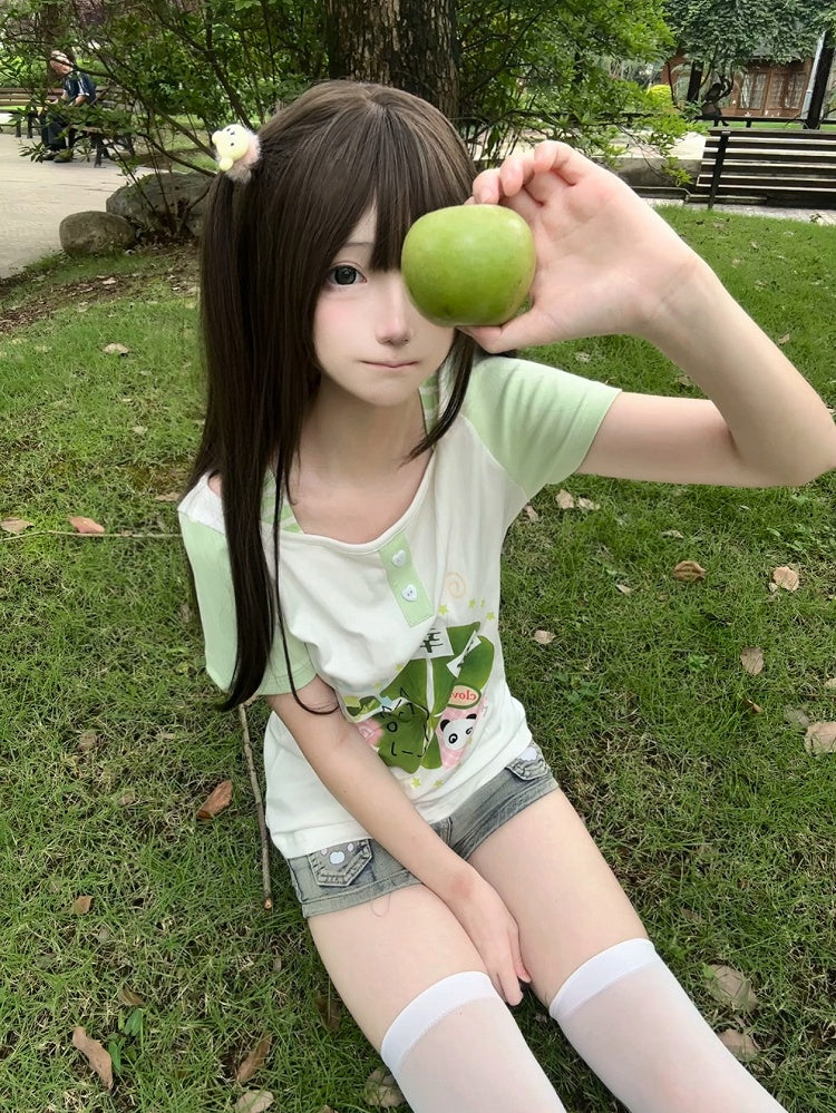 Print with Clover Wide White Sweet Colorblock Green T-shirt and Lucky Neckline