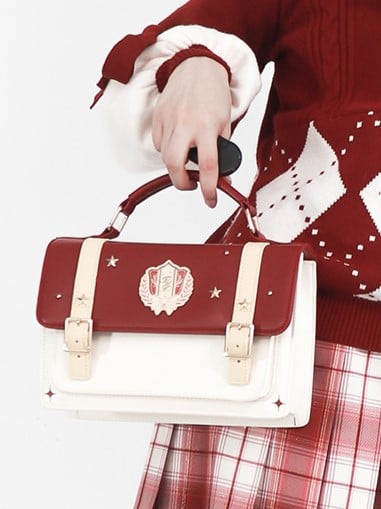 Badge Flap Fold-Over Red Shoulder Bag White with Collegiate