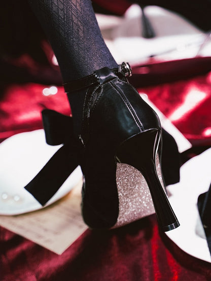 Heels Black Accent Knotted Toe Pointed High Bow Gothic with