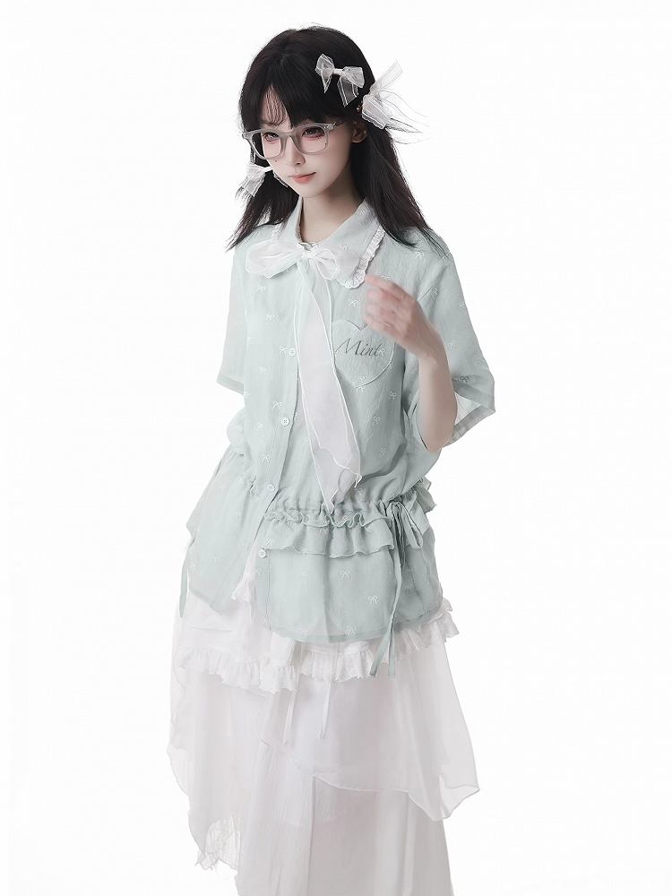 Bowknot Embroidery Short Sleeves Shirt Light Green Drawstring Waist Allover