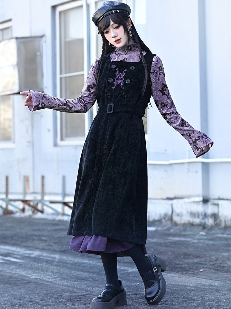 Double-Layer Hem Vest Maxi Dress in Black with Purple Bat Embroidery - Quirky Hut