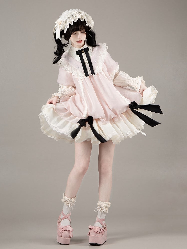 Loose Drawstring Pink Sleeves Lolita Rosette Embroidery Short Details Dress with
