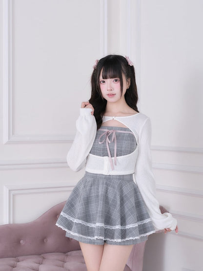 White Ryousangata Knit Cardigan - Dress + Fashion Matching Shorts Gray Plaid Set Three-Piece