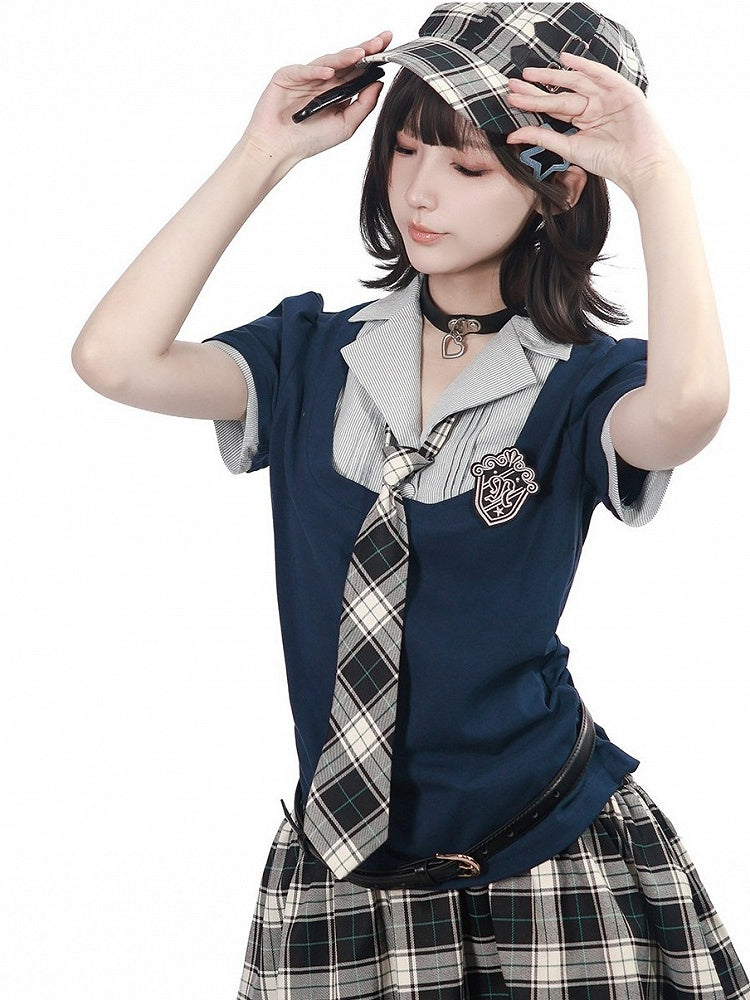 Blue Preppy Two-Piece Fitted Short Sleeve Top with Badge - PINK SAVIOR