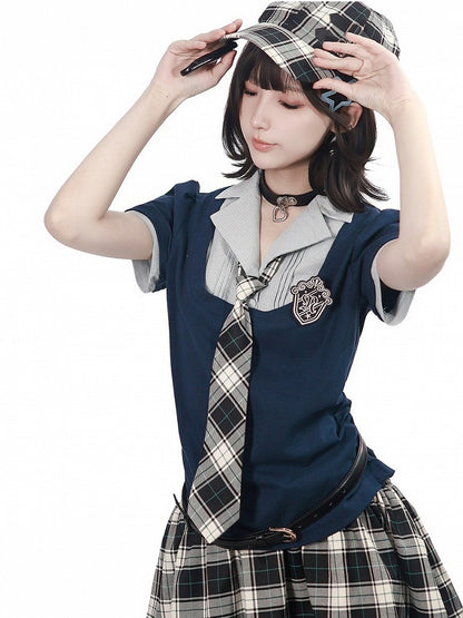 Blue Preppy Two-Piece Fitted Short Sleeve Top with Badge - PINK SAVIOR