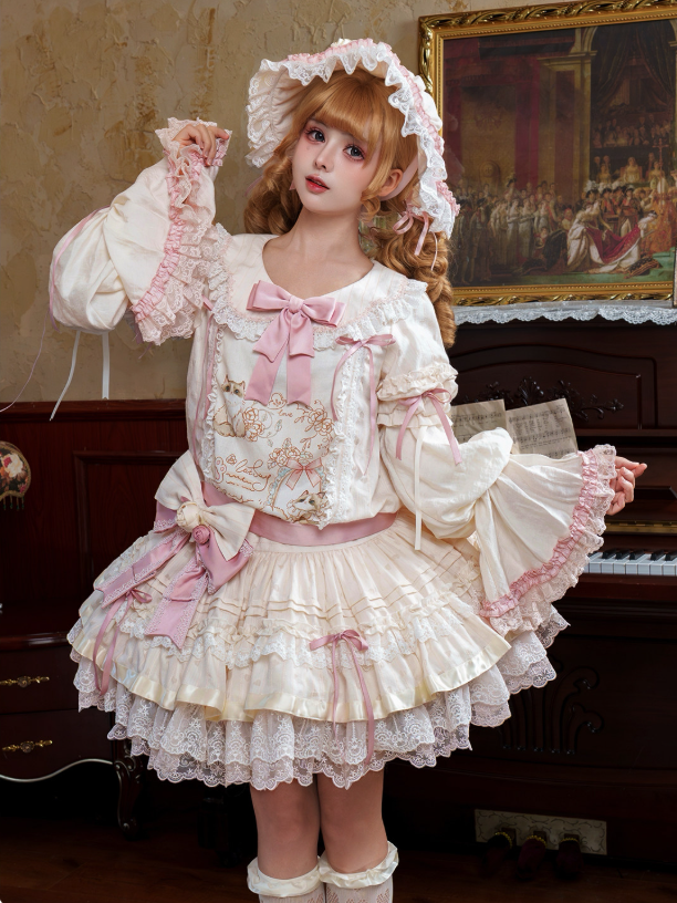 Beige & Pink Low Waist Dollcore Lolita OP Dress with Cat Print & Ribbon - Mirror Ragdoll
