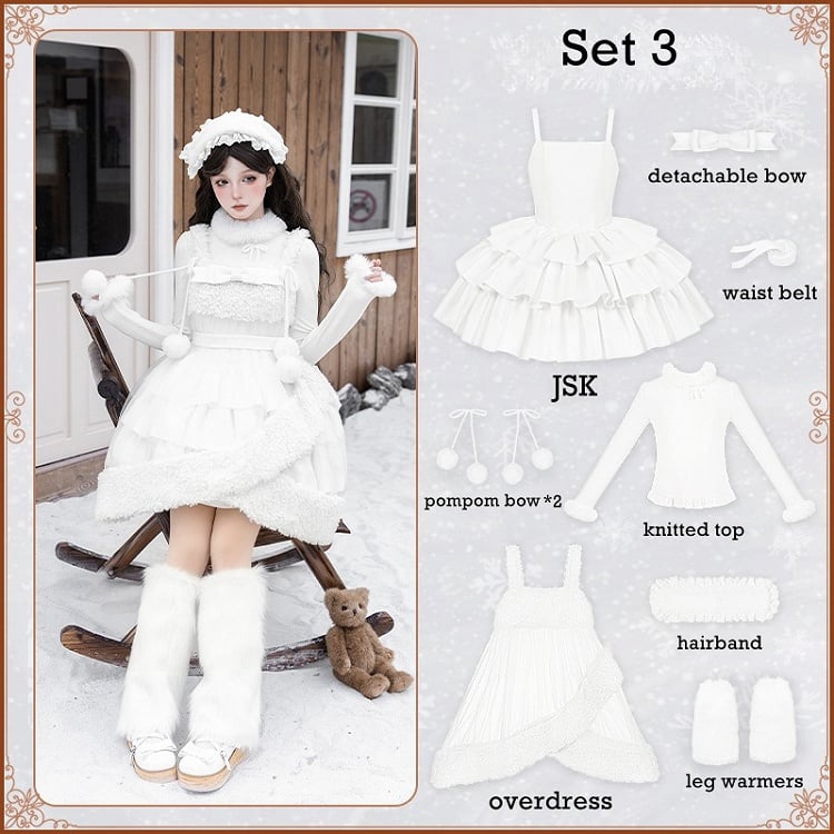 + Full Accessories Top - Sweet Lolita Winter Fluffy Dress Coat/Overdress JSK Knitted White Set All