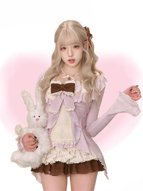 Beige Knit Cami Top with Ruffled Lace Trim and Bow Detail