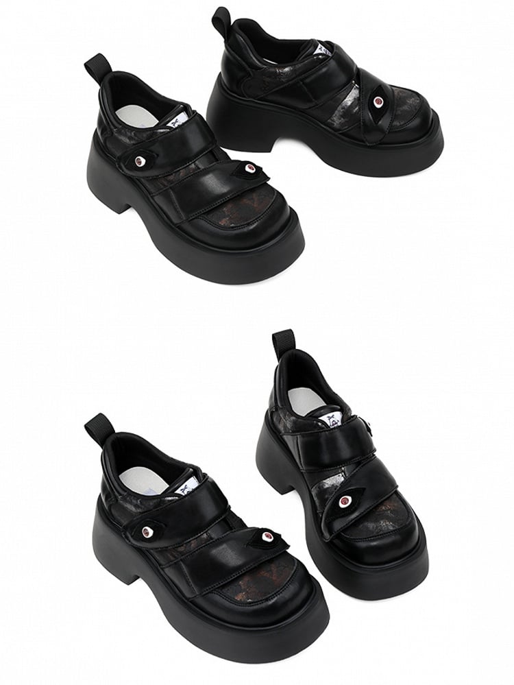 Strap Punk Eye Heels Platforms Closures Chunky - Velcro Black Demonic Patch with