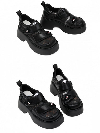 Strap Punk Eye Heels Platforms Closures Chunky - Velcro Black Demonic Patch with