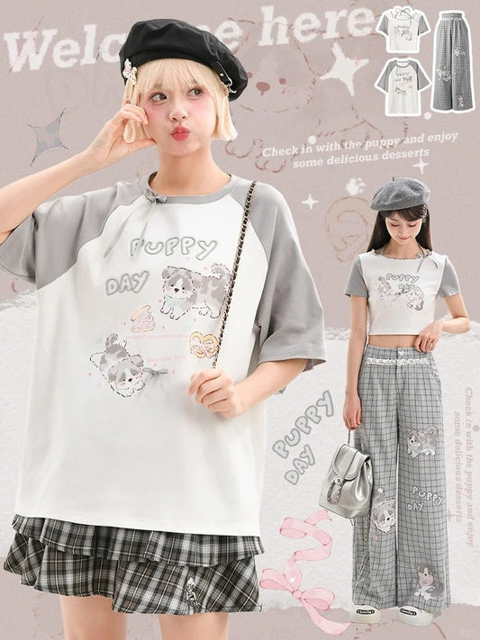 Gray Adorable Puppy Print Bowknot Long/Short Detail Version T-Shirt