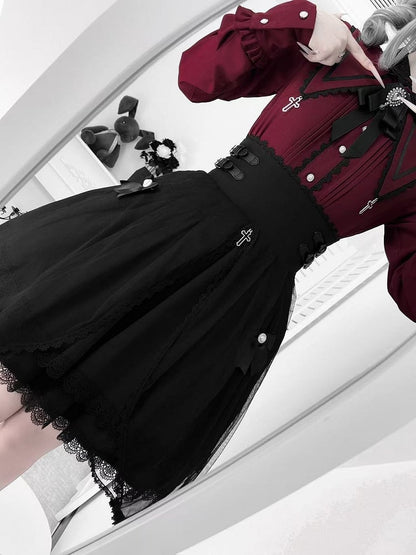 Gothic with Pointed Elegant Kei Wine Jirai Trim Charm Black Cross Blouse Lace Collar - Red