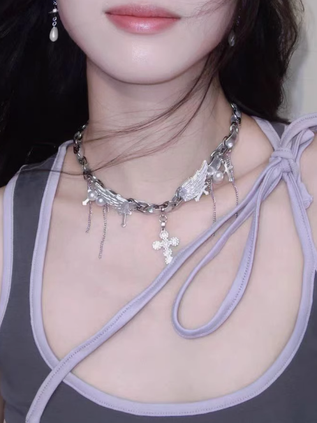 Engel Silber Flügel Kreuze Cyberpunk Y2K Halskette