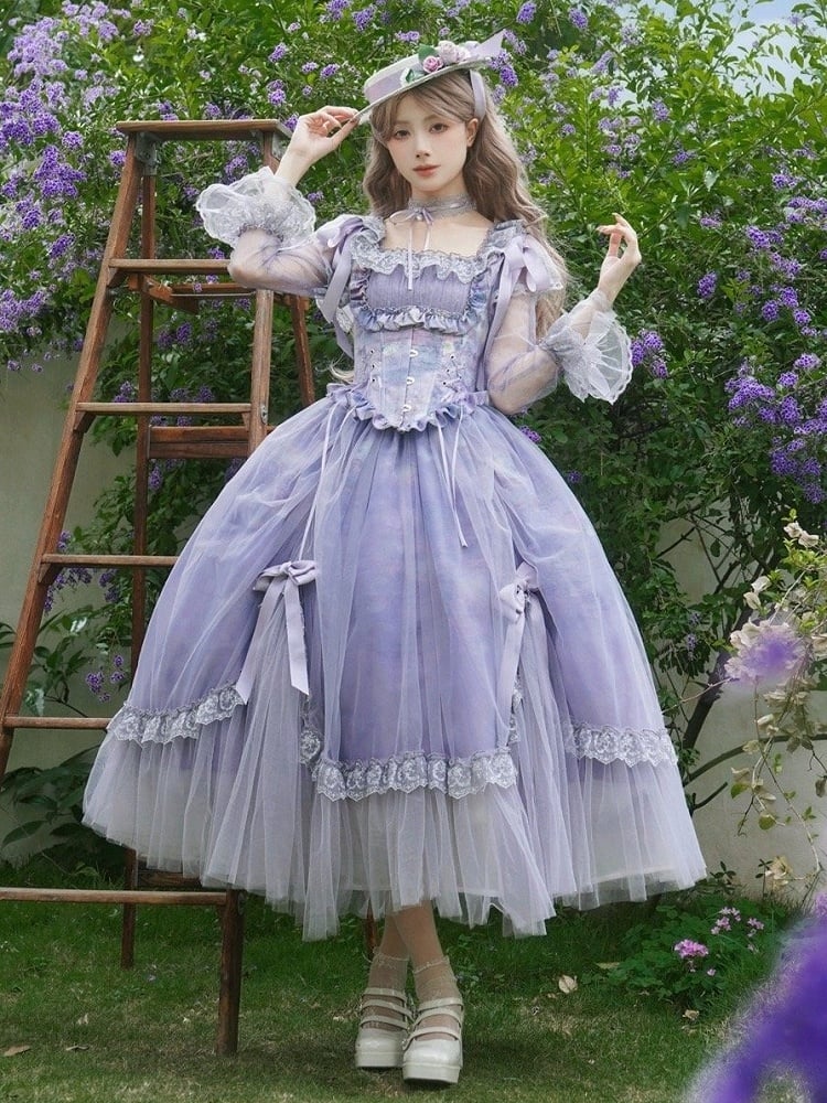 Print Elegant Classic Square Lolita Neckline Purple Painting Oil Full Set Skirt OP