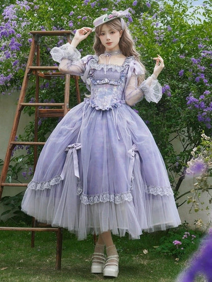 Print Elegant Classic Square Lolita Neckline Purple Painting Oil Full Set Skirt OP