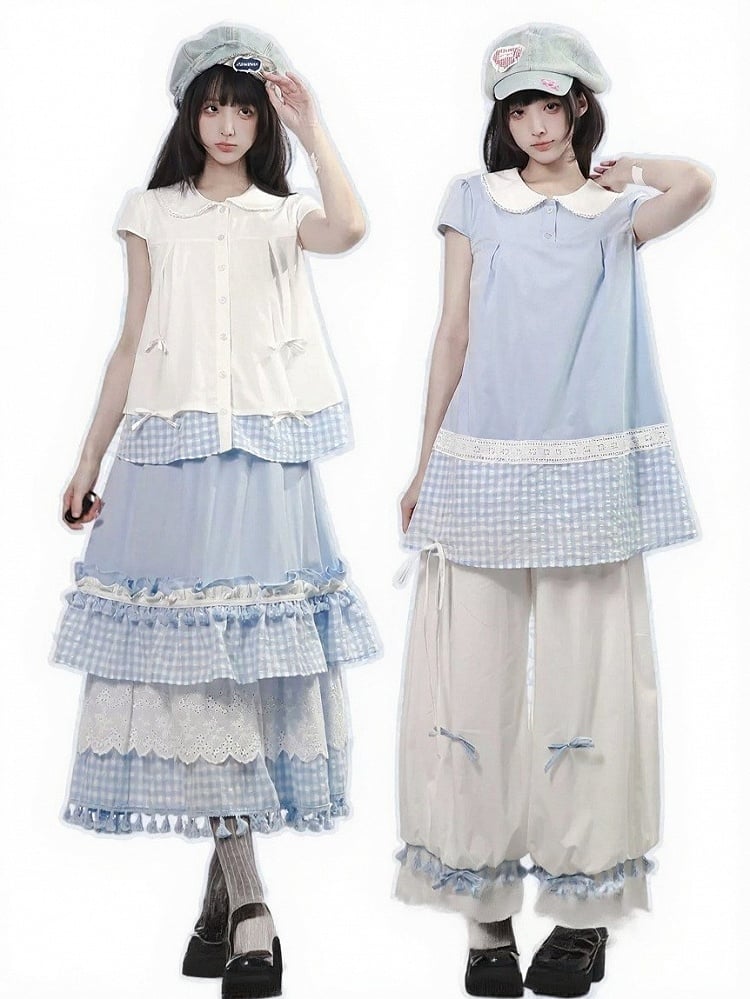 Blue Gingham Long Skirt with Lace and Tassels - PINK SAVIOR