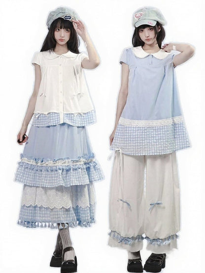 White Gingham Peter Pan Collar Blouse - PINK SAVIOR