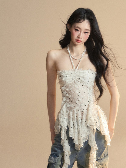 Volant Saum Weiß Glamourös Neckholder Polka Dot Top Muster Asymmetrische Trägerlosen
