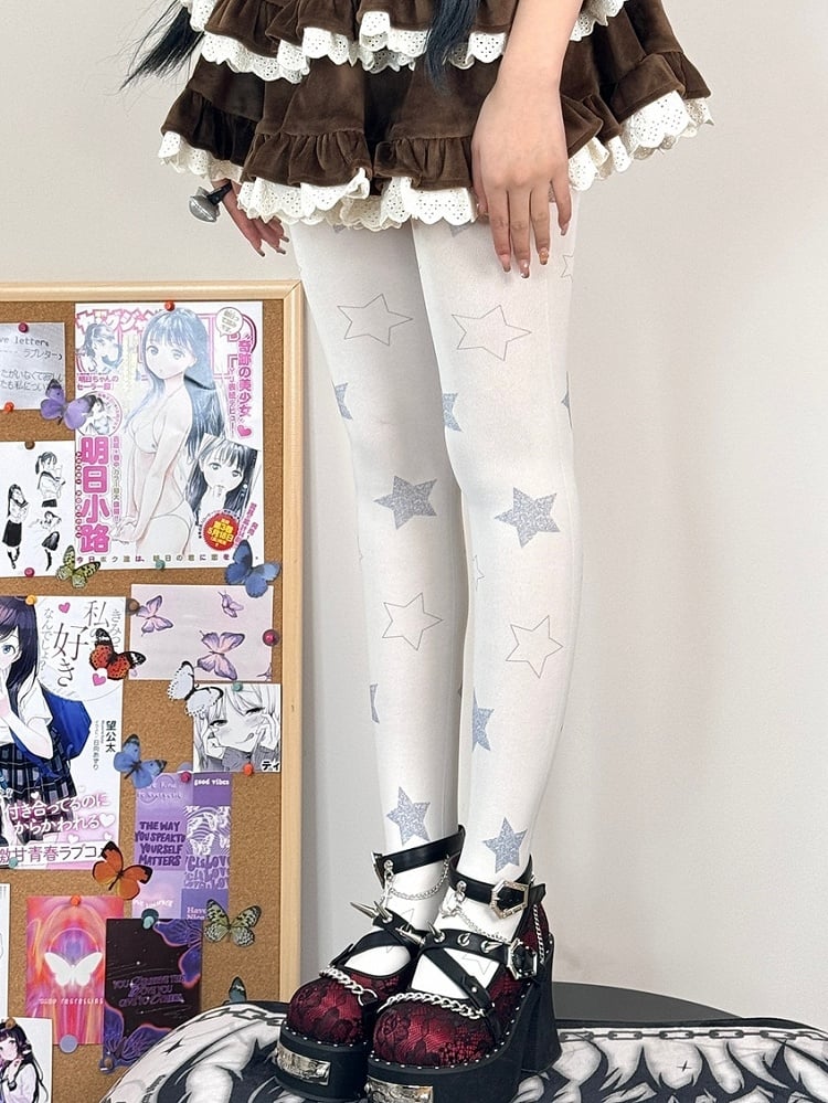 Sweet Tights Print White Star Lolita