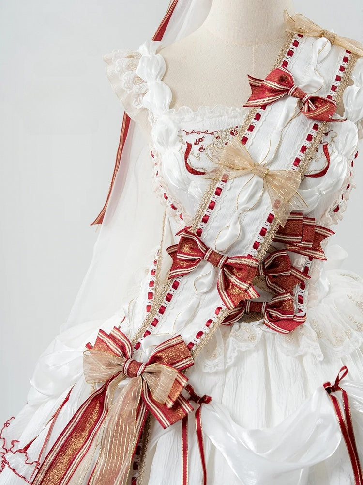 Decorated Lolita White Bowknots Sash Red