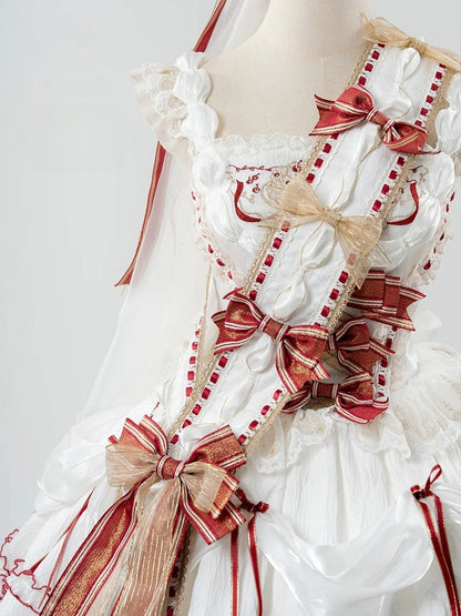 Decorated Lolita White Bowknots Sash Red
