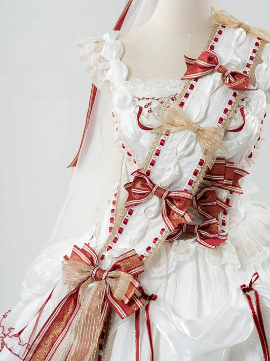 Decorated Lolita White Bowknots Sash Red