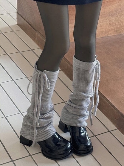 ホワイト/ライトグレー/ブラック/コーヒー/カーキ セルフタイストラップ ニットレッグウォーマー