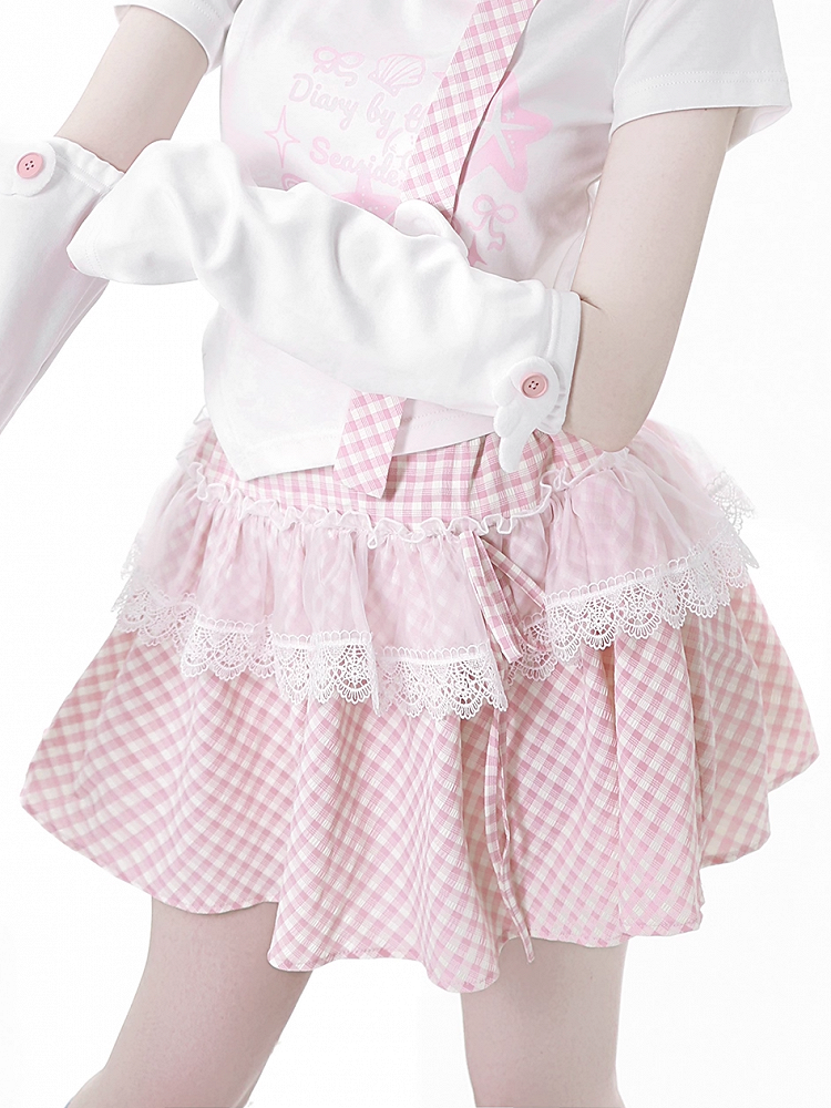 Rock mit Spitzenbesatz und Karomuster Rosa/Babyblau