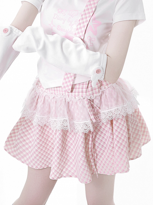 レースチェックトリムスカート ピンク/ベビーブルー