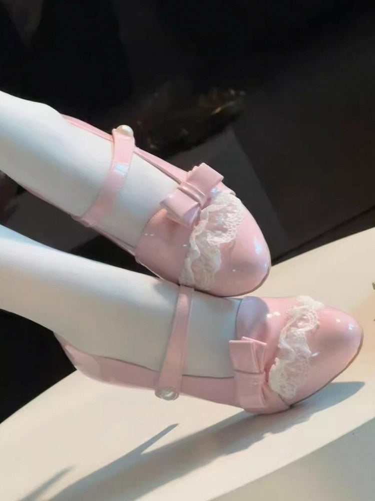 Trim Accent Lolita PU Lace Bow Heels Leather in Detachable Sweet Pink