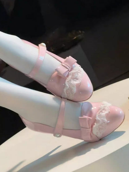 Trim Accent Lolita PU Lace Bow Heels Leather in Detachable Sweet Pink