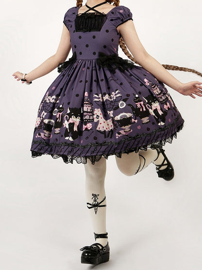 Black Purple Sweet with Print Polka Bow Lolita Cat Accents Dot Dress