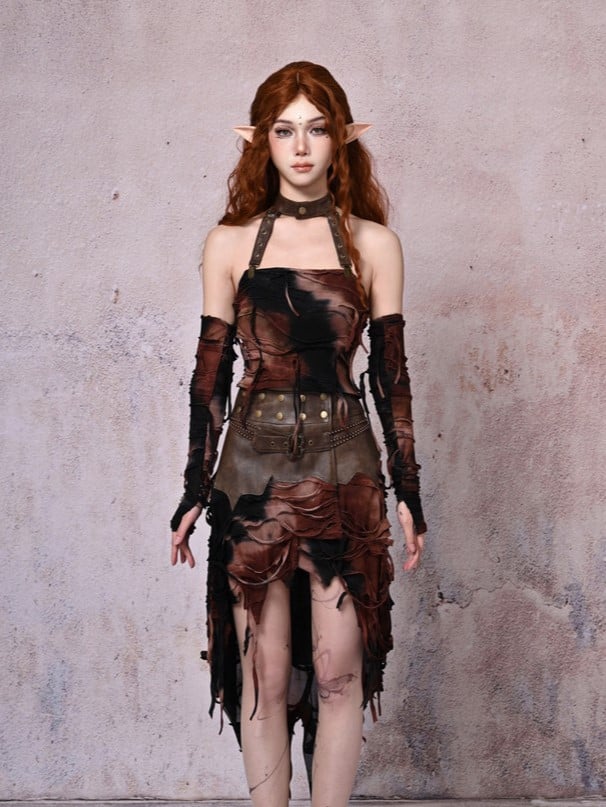 Wine Brown PU Hem Skirt with Handkerchief Red and Punk Black Wasteland Tie-Dye
