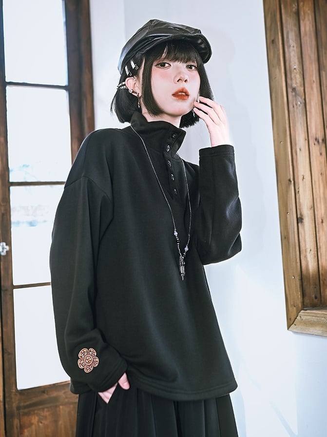 Long Sleeve Partial Placket - Gothic Black Neck Button Top Mock with Design
