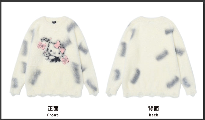 ミルクホワイトキティグラフィックディストレストリムルーズセーター