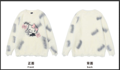 ミルクホワイトキティグラフィックディストレストリムルーズセーター