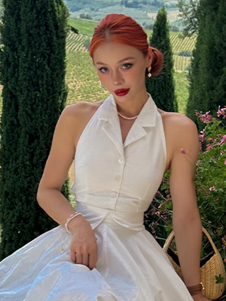 ヴィンテージホワイトホルターネックセルフタイストラップトップス