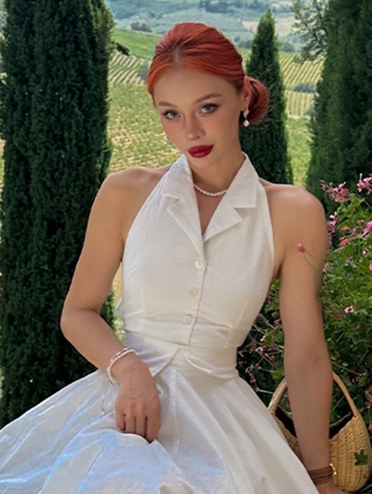 ヴィンテージホワイトホルターネックセルフタイストラップトップス