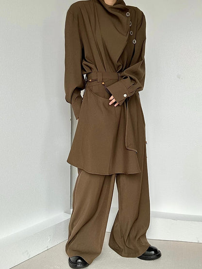 High-Waisted Three-Button Pants Ouji Cut Fly Lolita Wide-Leg Panel Draped Coffee with