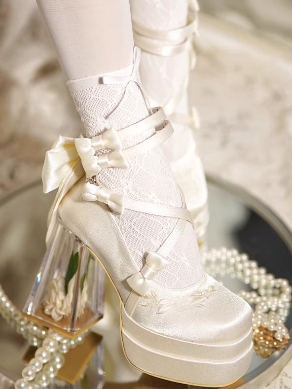 Creamy White Camellia Flower High Block Heel Elegant Platform High Heels