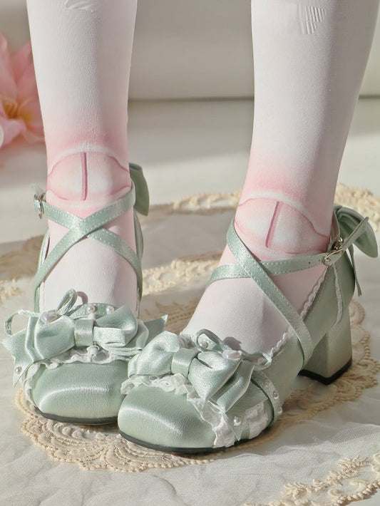 Elegant Green with Heart Snap Mid Detailing Closures Satin Light Heels Bow Lace Lolita in