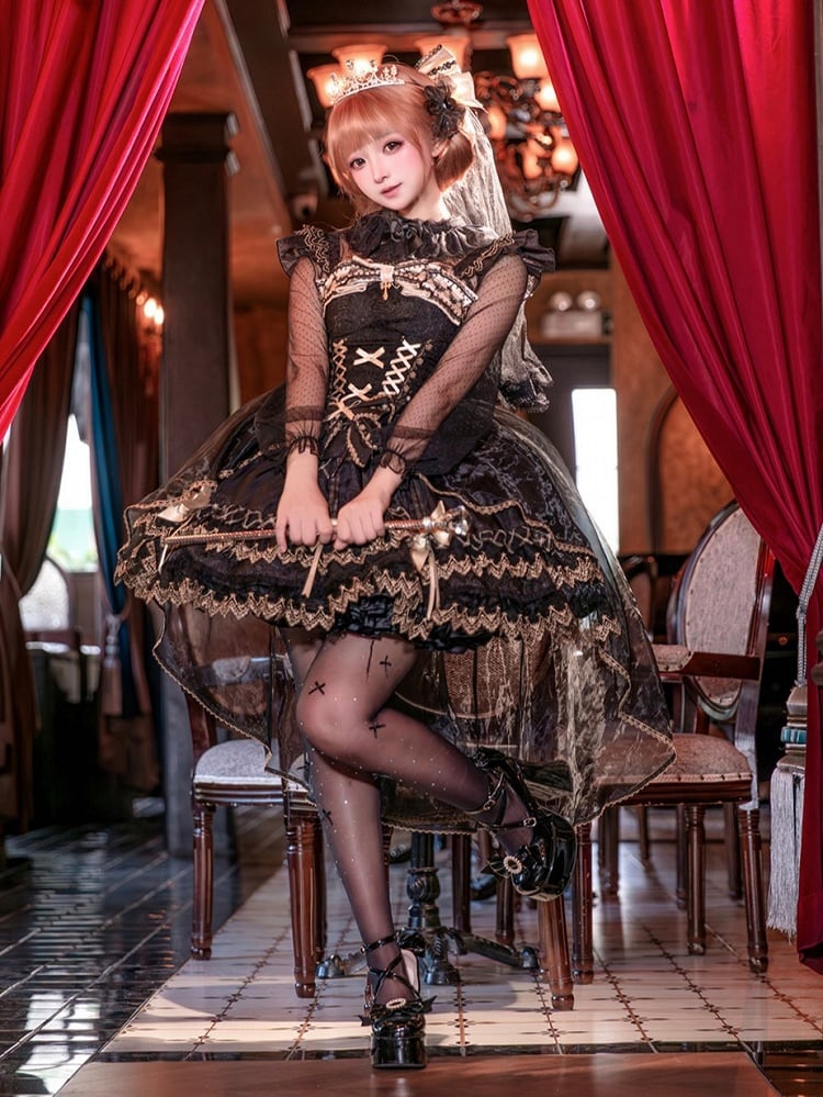 Tulle Lolita Tiered Jacquard Gorgeous with Overlay Black Gold JSK Gothic