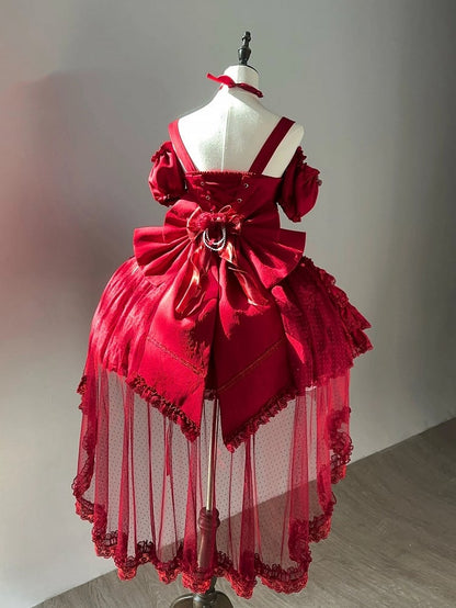 ウエストフラワーバスク裾フェアリースカートドレスジャンパーティアードレッドロリータ花嫁